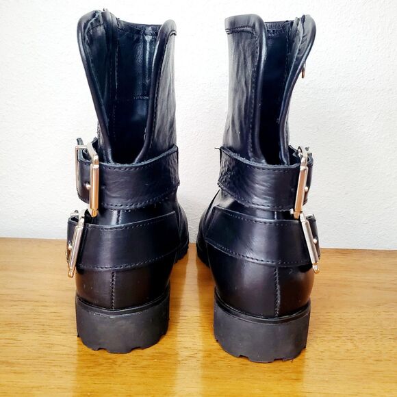 Charles David Black Leather Combat Moto Buckle Boot Biker Italy Womens SZ 6.5 - Picture 3 of 9
